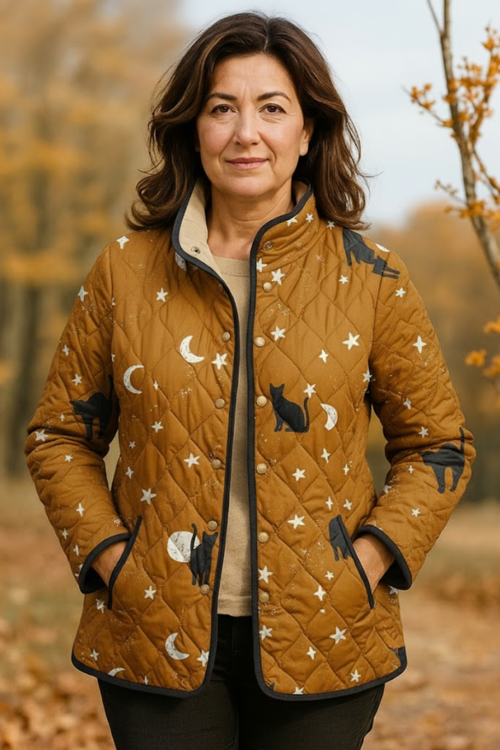 Ležerna prošivena jakna s printom crne mačke za Noć vještica