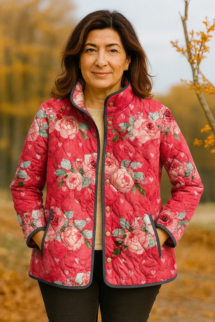 Šarmantna ženska prošivena jakna s ružičastim cvjetnim printom